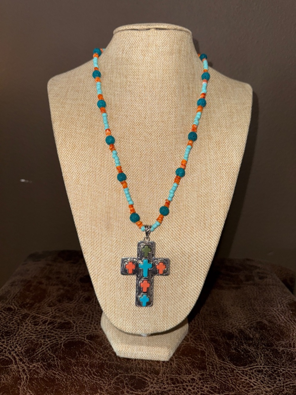Turquoise & Coral Beaded Cross Pendant Necklace